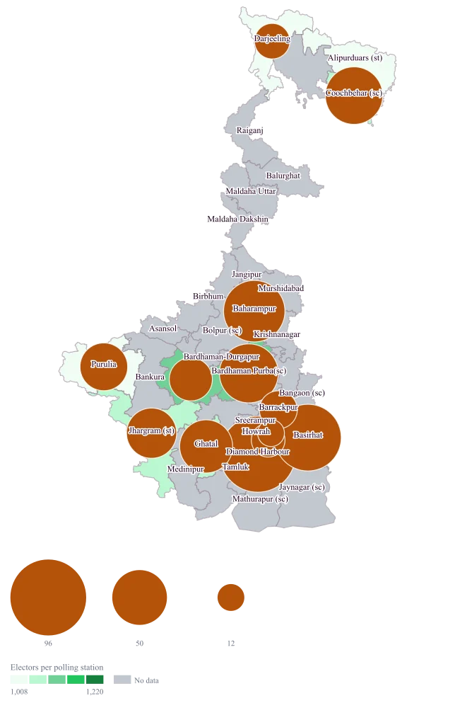 Parliamentary Constituency Map of West Bengal: the finished map, drawn from the worked example below