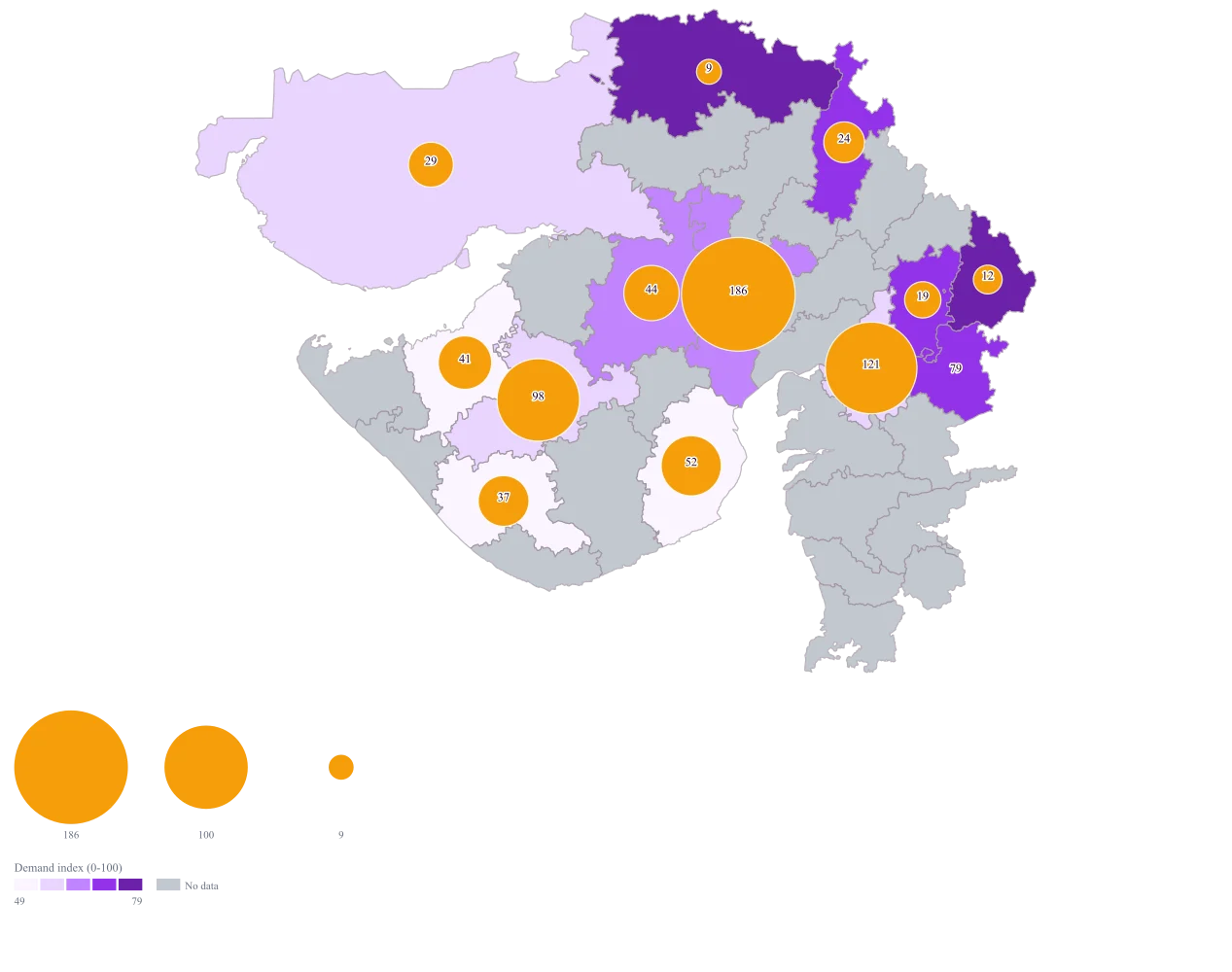 Coverage vs Demand Map of India: the finished map, drawn from the worked example below
