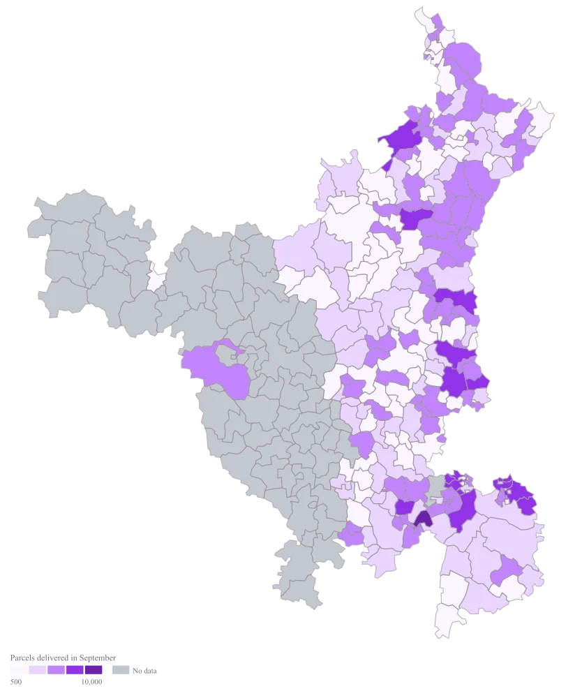 Delivery Volume Map by PIN Code: the finished map, drawn from the worked example below