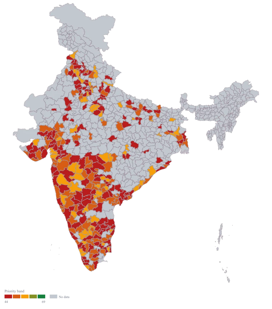 District Prioritisation Map for India: the finished map, drawn from the worked example below