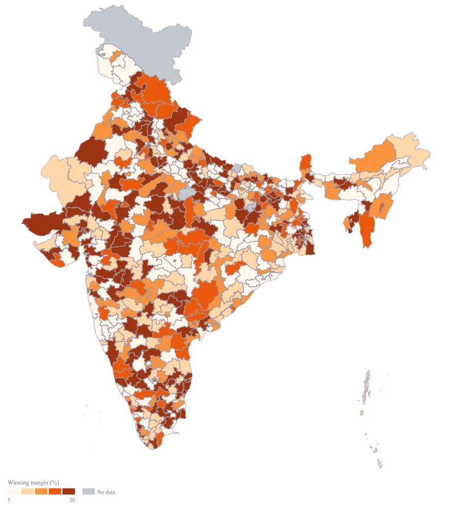 Election Results Map of India by Constituency: the finished map, drawn from the worked example below