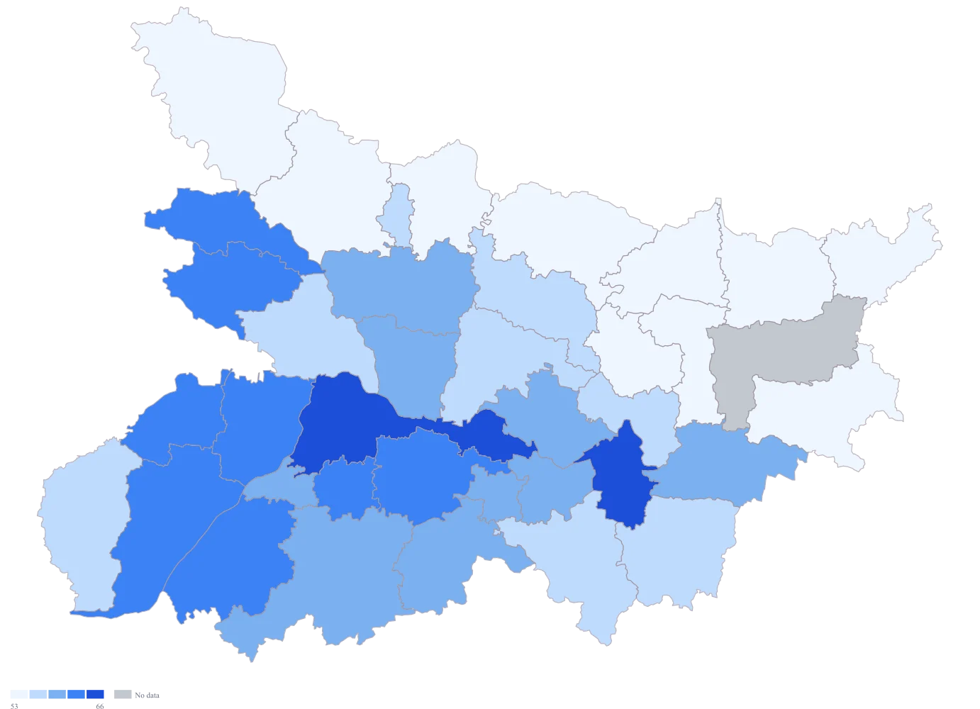 Literacy Rate Map of Bihar by District: Step 3 — the numbers, on defaults