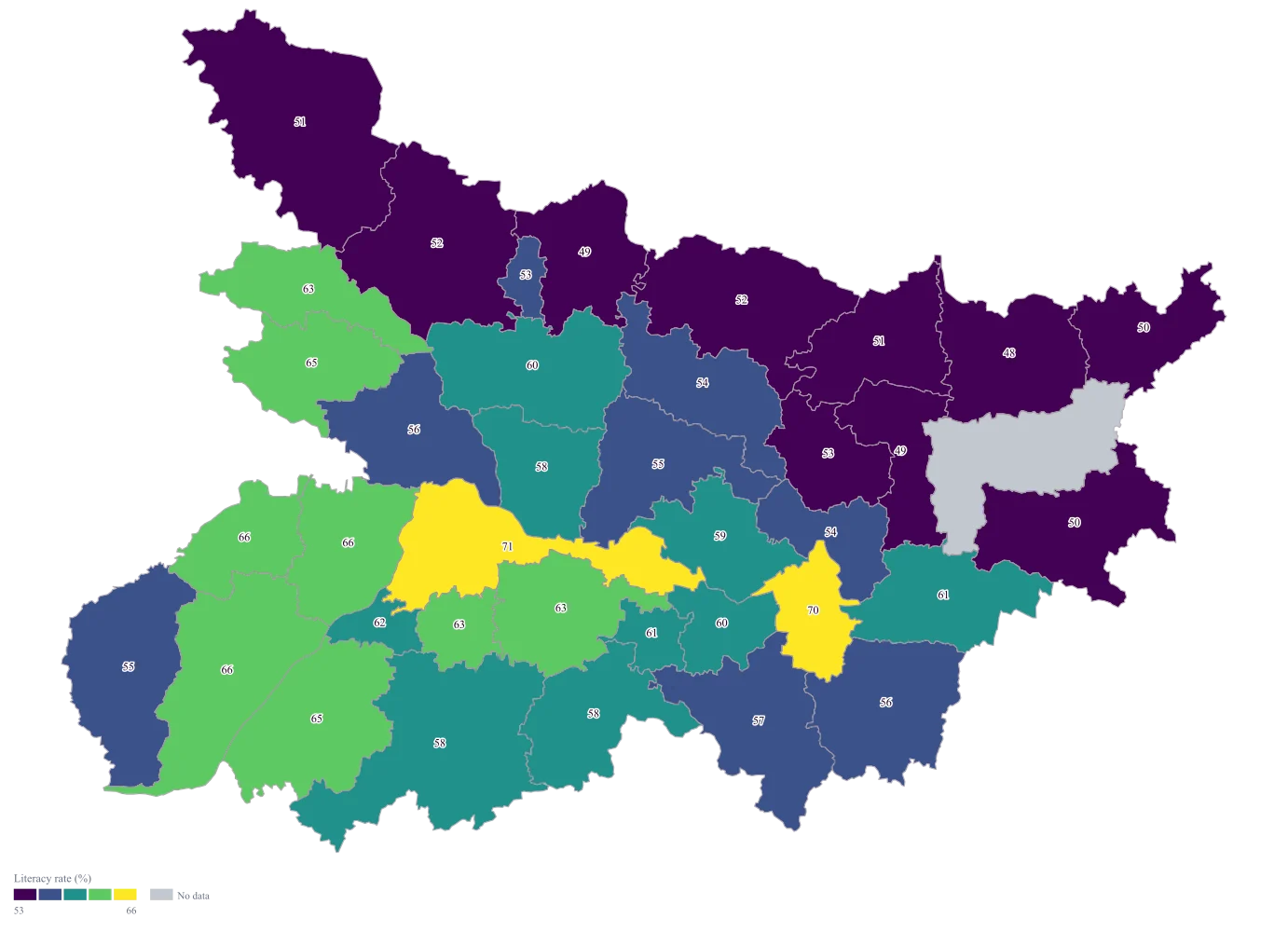 Literacy Rate Map of Bihar by District: the finished map, drawn from the worked example below