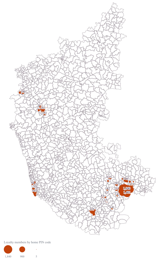 Store Catchment Map by PIN Code: the finished map, drawn from the worked example below