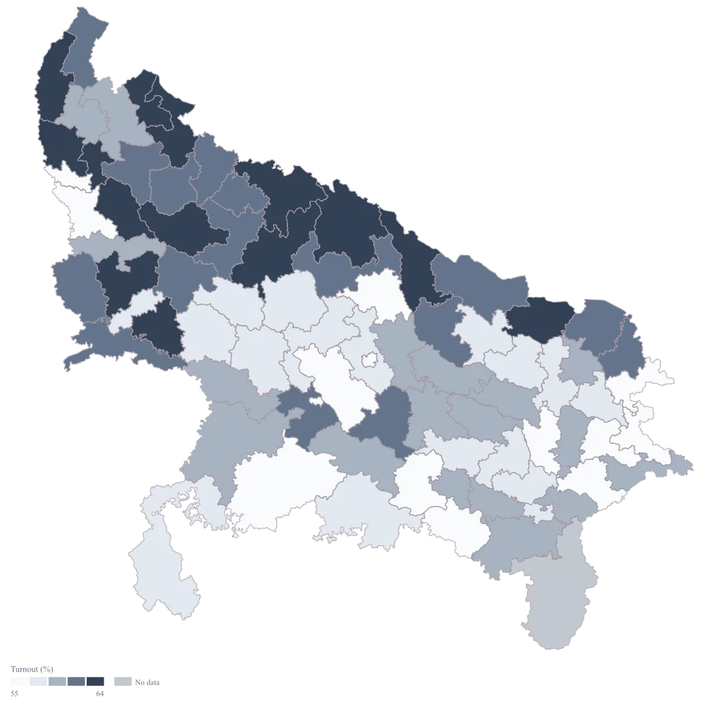 Voter Turnout Map of Uttar Pradesh by Constituency: the finished map, drawn from the worked example below